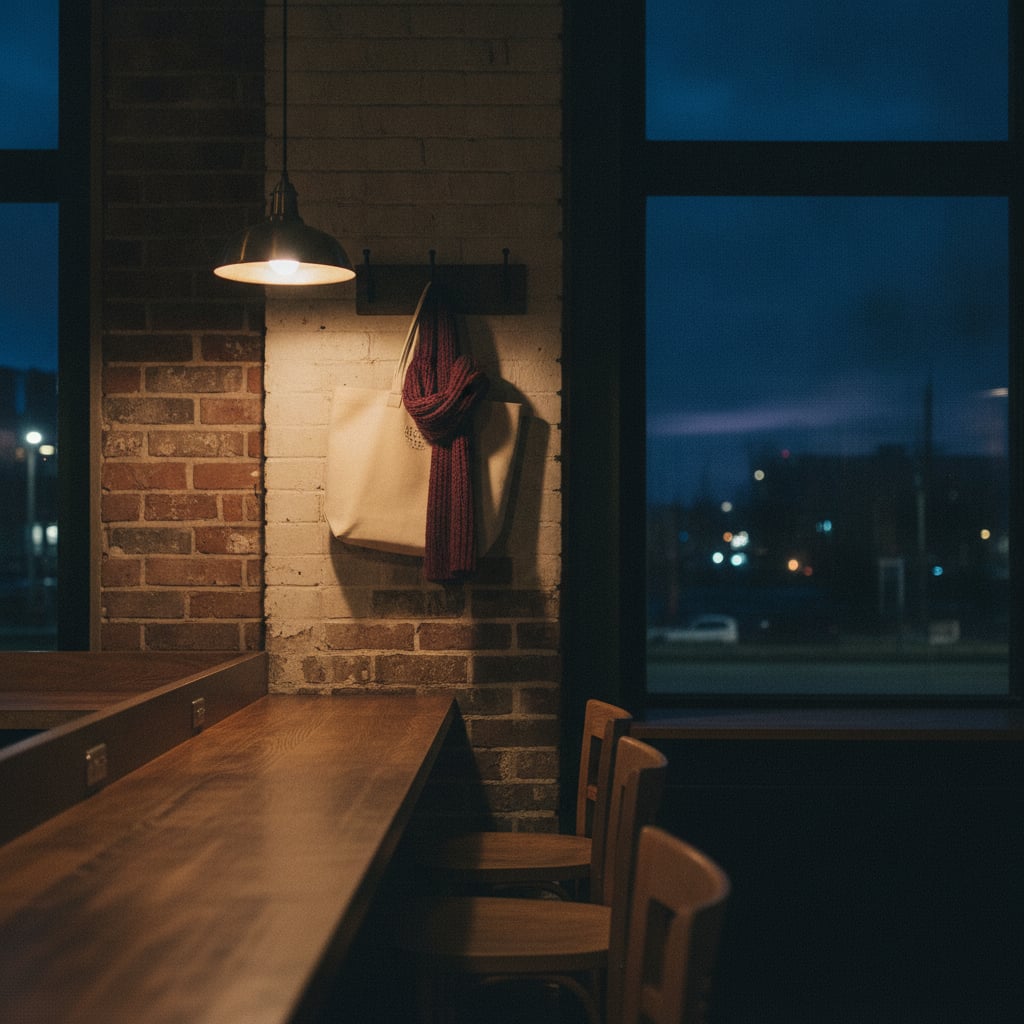 A quiet corner of the same café after closing, chairs tucked under a long wooden counter, a single pendant lamp glowing 