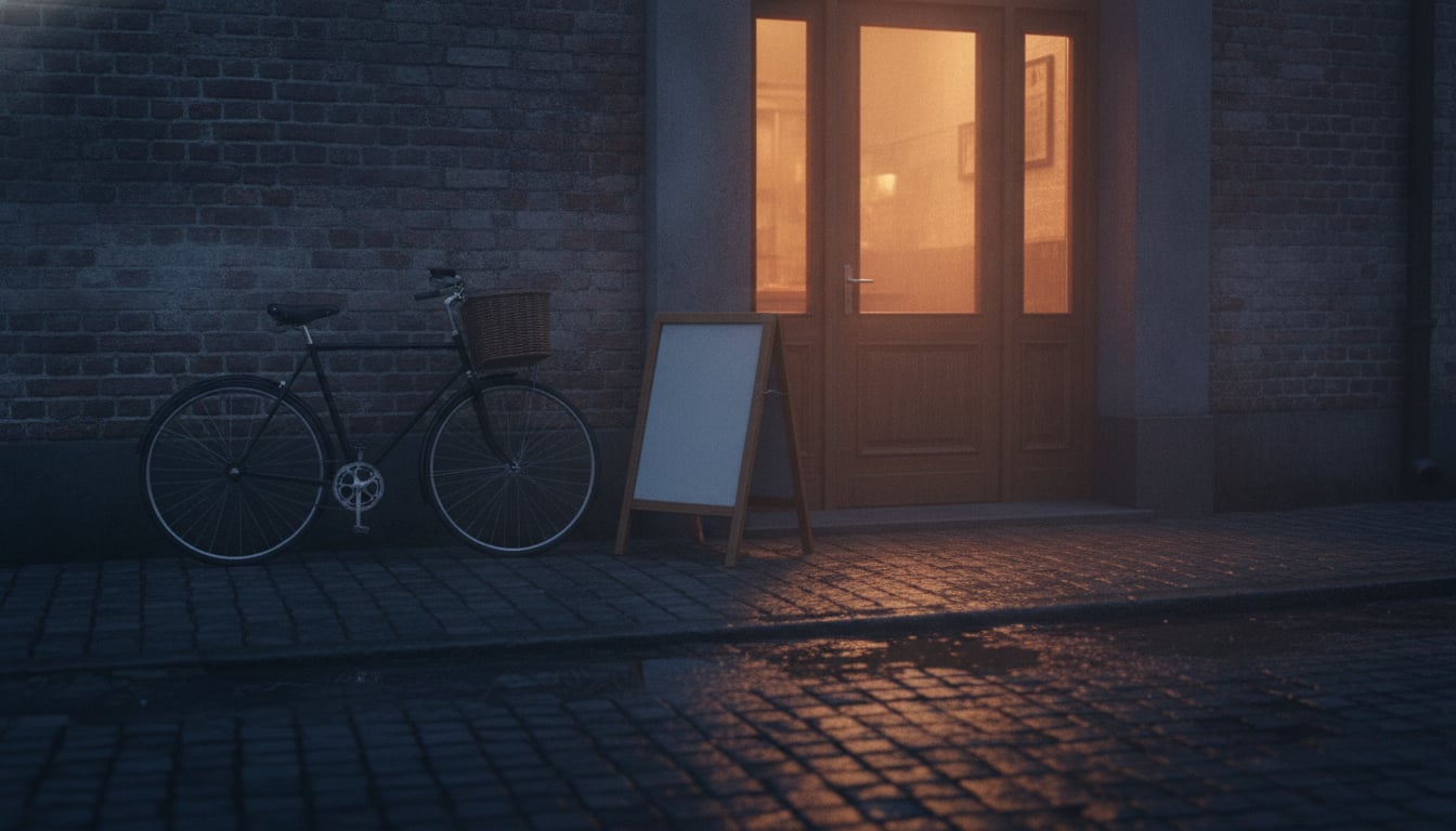The doorway of a small neighbourhood café seen from the pavement at dusk, a bicycle leaning on the brick wall beside a c