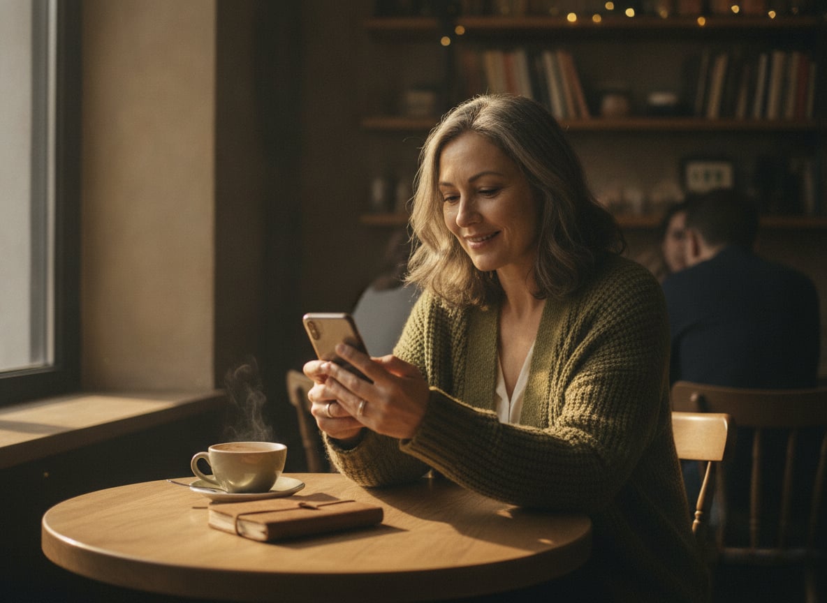 An ordinary woman in her mid-forties with shoulder-length greying hair and a knitted cardigan sits at a small corner caf