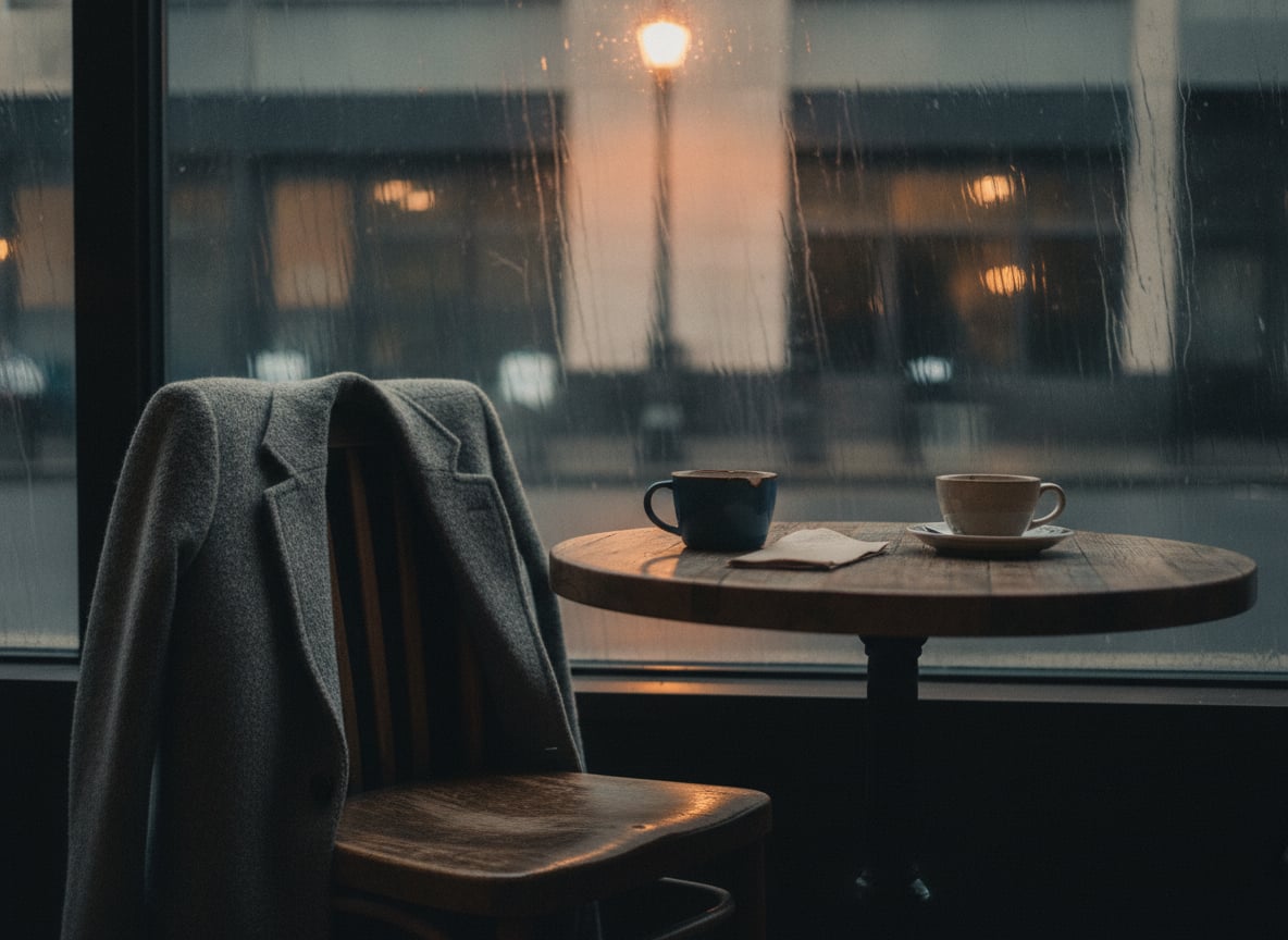 An empty café window booth in late afternoon, a wool coat draped over the back of a wooden chair, two mismatched ceramic